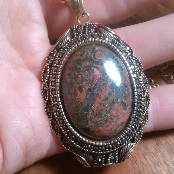 Unakite and Marcasite Goldtone Pendant Necklace - Picture 9 of 15
